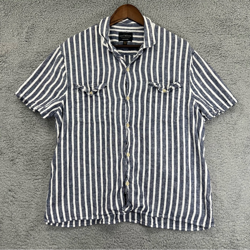 Lucky Brand Button Shirt Linen Blend Short Sleeve Blue White Men Sz XL